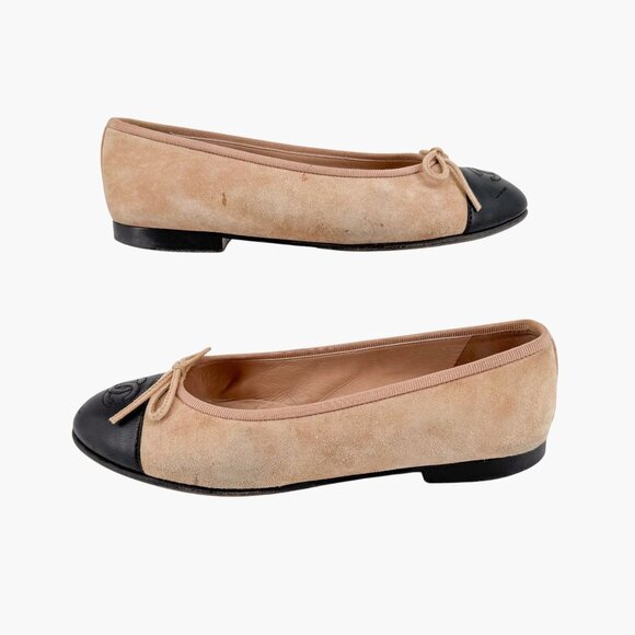 Chanel CC Cap Toe Ballet Flats EU 37.5 US 6.5-7 Beige Suede & Black Two Tone - Picture 8 of 16